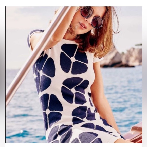 Boden Navy & Cream Sweater Knit Dress w/ Retro Floral Pattern, Size 12, Like New - Picture 2 of 6